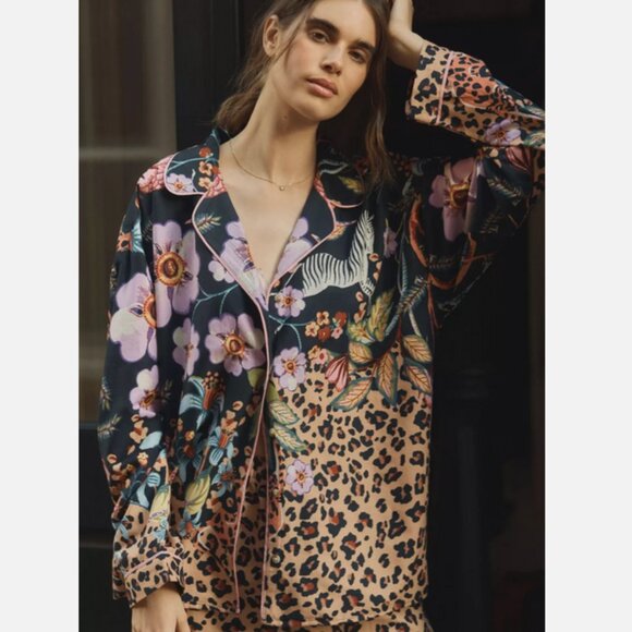 Anthropologie LyreBird Cloud Flannel Pajama Top Sleep Shirt Zebra Leopard XXS - Picture 4 of 6